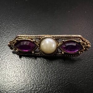 Gold Tone Pearl Purple Crystal Bar Brooch Vintage Style Filigree Pin